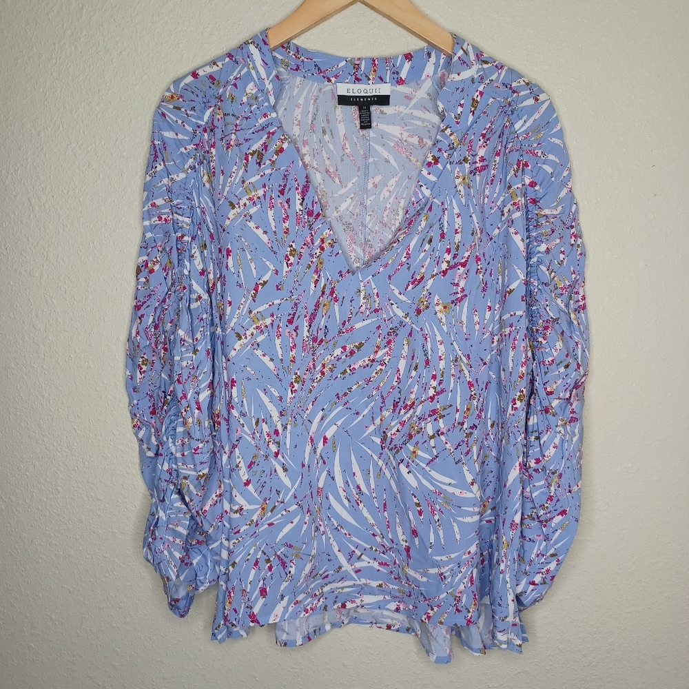 ELOQUII Elements Plus Size Zebra Print Ruched Sleeve Top Flower Detail - Picture 3 of 6
